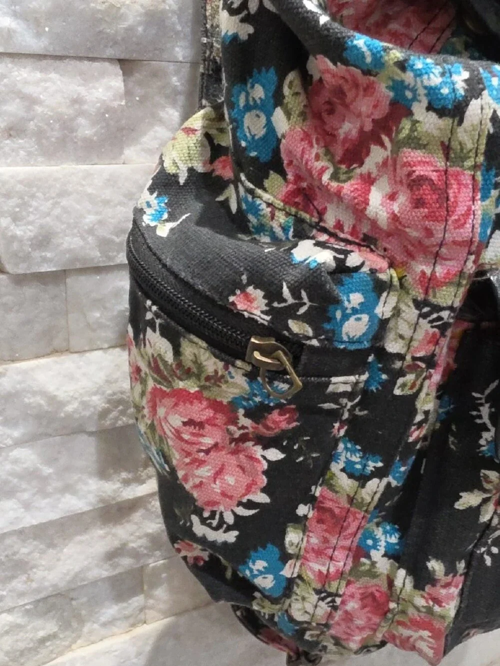 Stone Mountain Accessories Black Floral Canvas Backpack with Pink & Blue Blooms